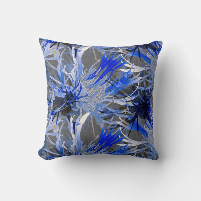 Coussin Gris & Bleu Moderne Artistique Abstrait Floral (Recto)