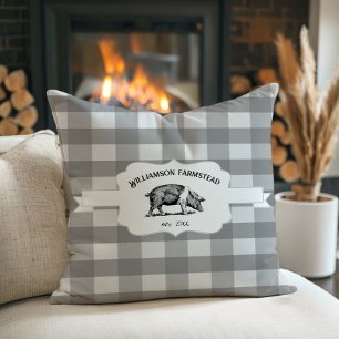 Coussin Gris Buffalo Plaid Agritourisme Cochon Jeter Oreil