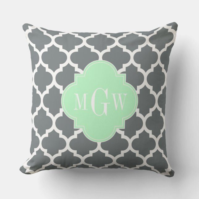 Coussin Gris Charbon Blanc Marocain #5 Menthe Nom Monogram (Recto)