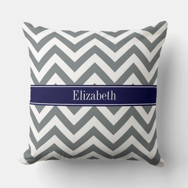Coussin Gris Charbon Lg Chevron Bleu Marine Monogramme Nom (Recto)