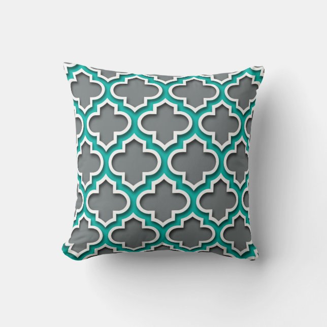Coussin Gris Charbon Teal Blanc Quatrefoil Marocain #5DS (Recto)