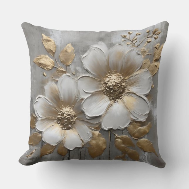 Coussin Gris Chaud Or Blanc Floral Moderne Rustique (Recto)