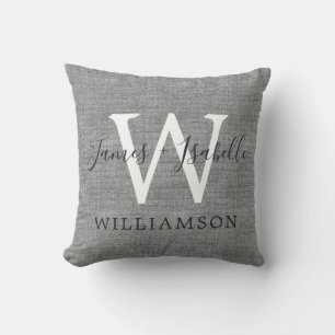 Coussin Gris Chic Lin Nouvellement Mariés Monogramme Maria