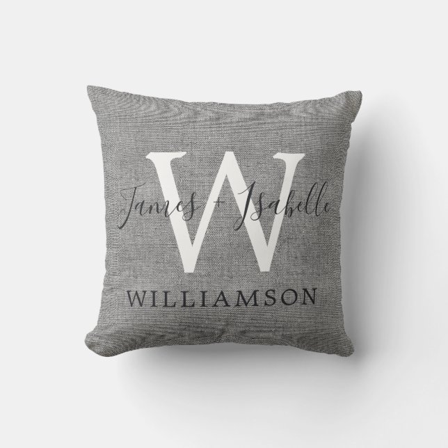 Coussin Gris Chic Lin Nouvellement Mariés Monogramme Maria (Recto)