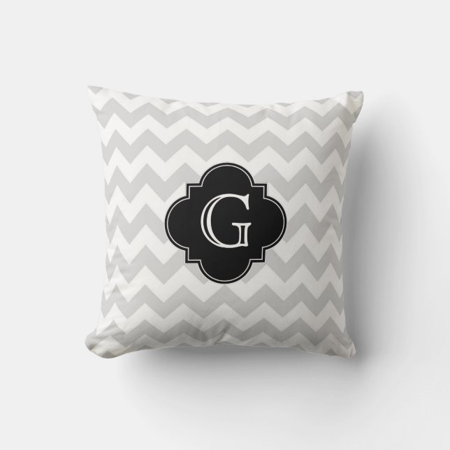 Coussin Gris Clair Blanc Chevron Noir Quatrefeuille Monogr (Recto)