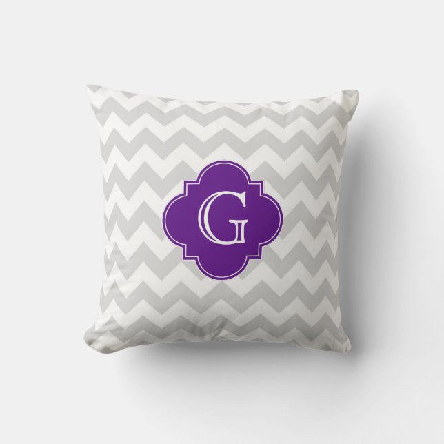 Coussin Gris Clair Blanc Chevron Violet Quatrefeuille Mono (Recto)