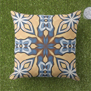 Coussin Gris Crème Jaune Brun Bleu Clair Art Tribal