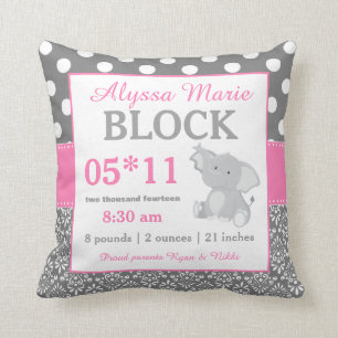 Coussin gris de faire-part de bébé d'éléphant rose