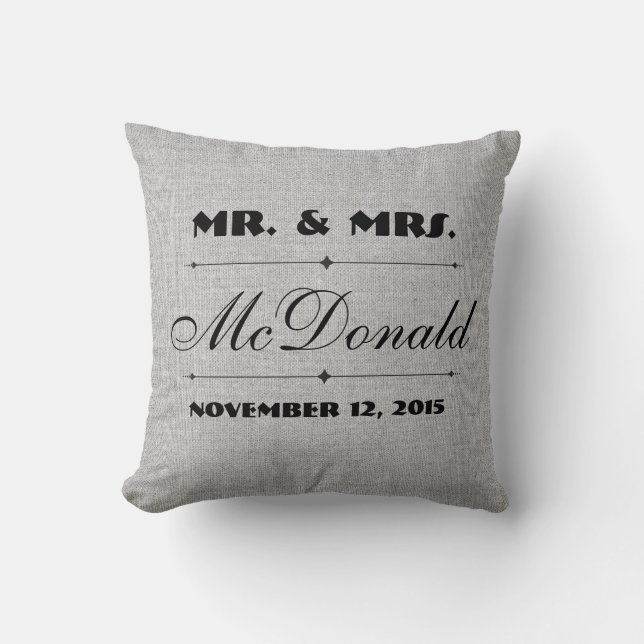 Coussin gris de mariage de toile de jute de toile (Recto)