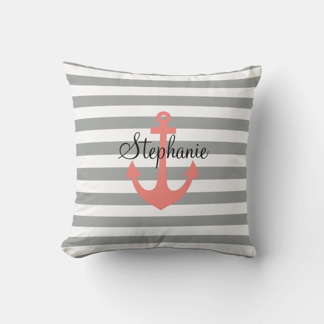 Coussin Gris et blanc avec corail Ancre nautique (Recto)
