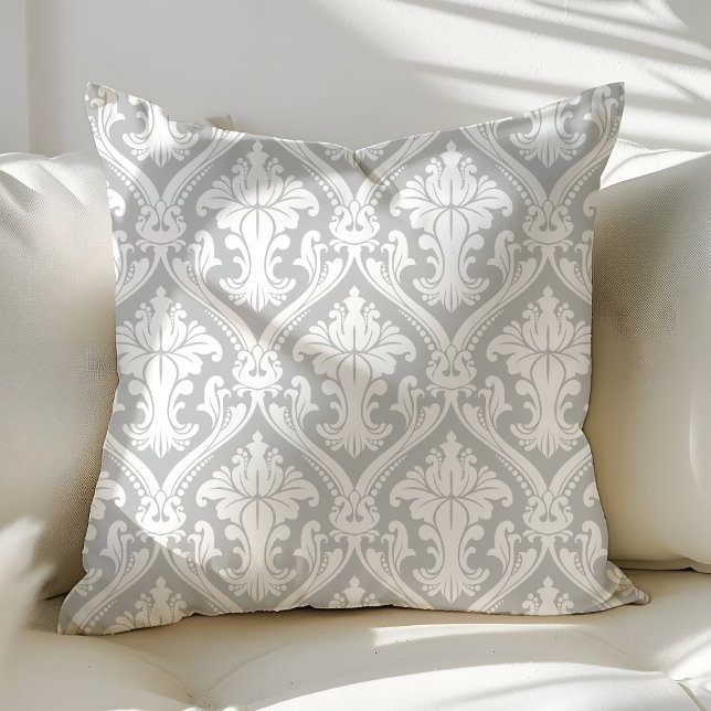 Coussin Gris et blanc motif damassé moderne chic élégant (Créateur téléchargé)