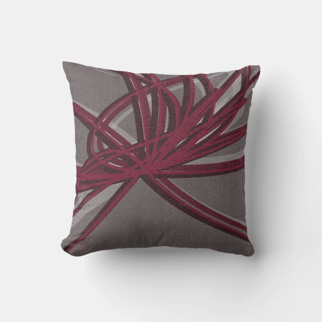 Coussin Gris et Bourgogne Abstrait Tissu de ruban (Recto)