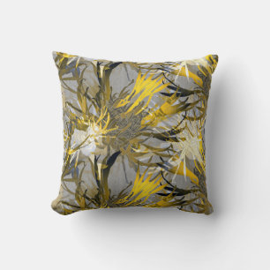 Coussin Gris et Jaune Artistique Abstrait Floral
