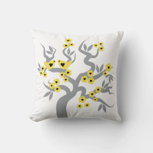 Coussin Gris, fleurs de cerisiers jaunes et inséparables