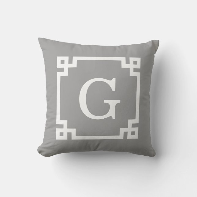 Coussin Gris foncé blanc cadre clé grecque #2 Monogramme i (Recto)