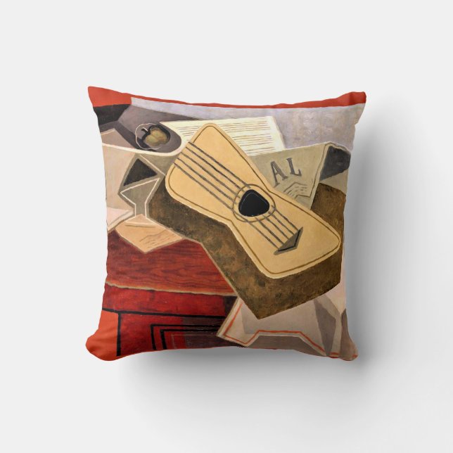 Coussin Gris - Guitare et journal (Recto)
