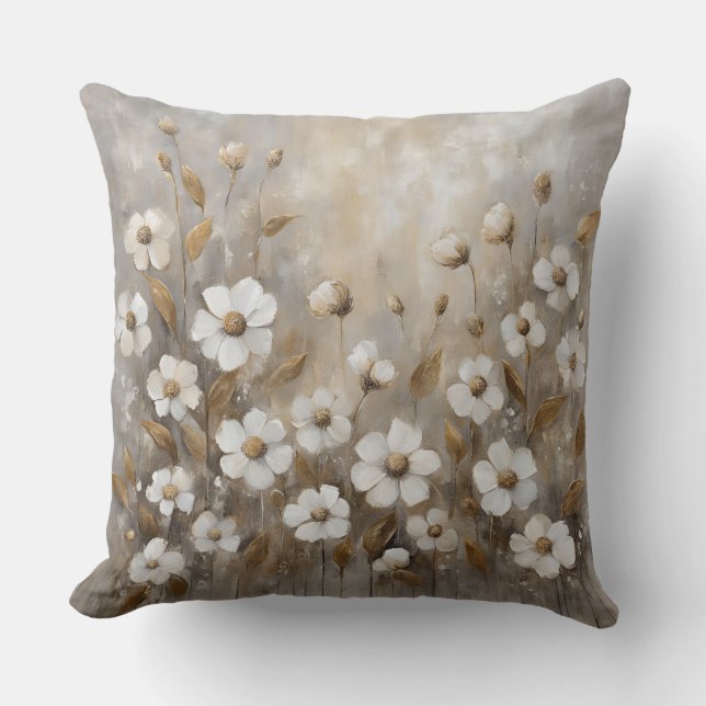 Coussin Gris Neutre Or Taupe Floral (Recto)
