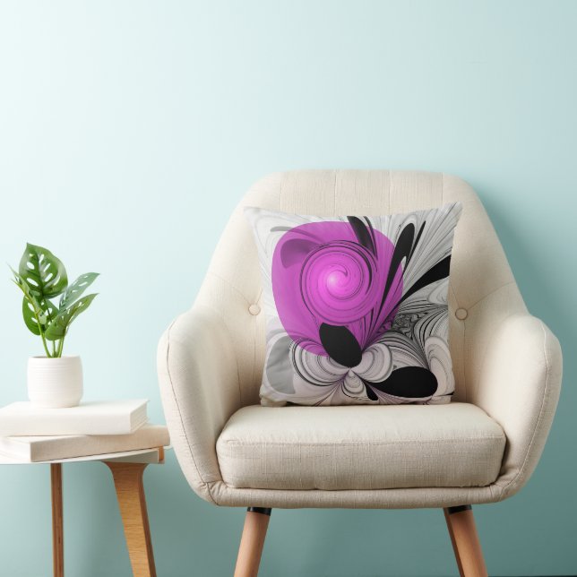 Coussin Gris Noir Abstrait Avec Art Fractal Magenta (Chaise)