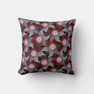 Coussin Gris noir blanc et rouge gras motif floral
