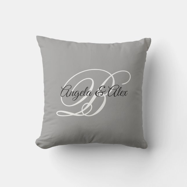 Coussin Gris noir et blanc Mariage élégant Monogramme (Recto)