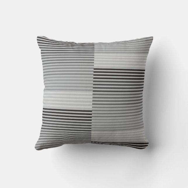 Coussin Gris, Noir, Rayures Blanches (Verso)