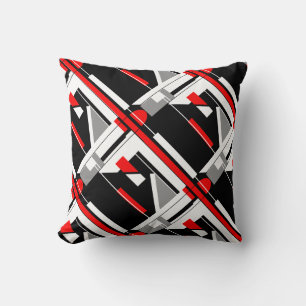 Coussin Gris Noir Rouge Blanc Diagonal Design d'art géomét