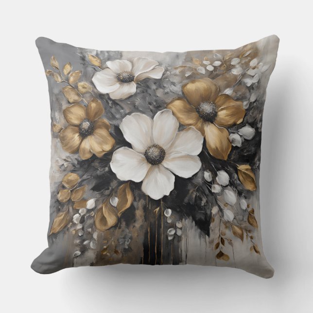 Coussin Gris Or Noir Blanc Fleurs (Recto)