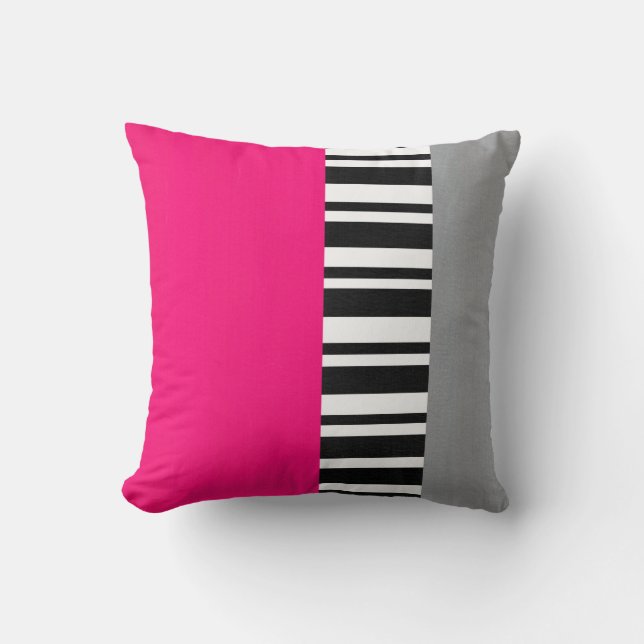 Coussin Gris rose chaud Noir et blanc en bande (Recto)