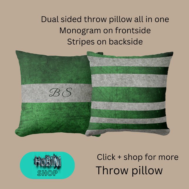 Coussin gris vert double face & monogramme & rayures (Dual sided throw pillow all in one
Monogram on frontside
Stripes on backside)