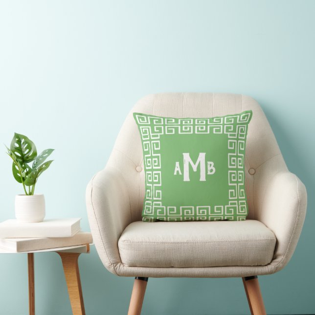 Coussin Gris Vert Reverse Grèce Key Bordure Monogramme (Chaise)