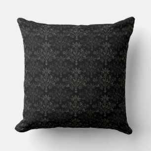 Coussin Gris Vintage sur Fond Noir Motif Floral Damassé
