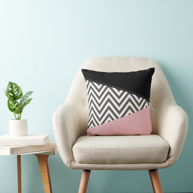 Coussin Gris Zigzag, Gris Chevron, Motif Zigzag, Rose (Chaise)
