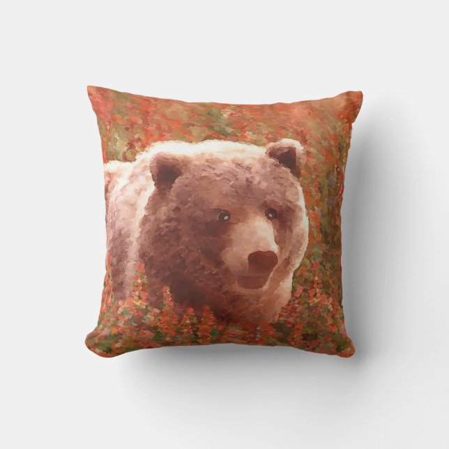 Coussin Grizzly Bear Cub dans Fireweed Peinture Art de la  (Recto)