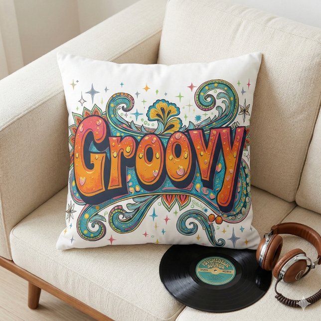 Coussin Groovy Rétro Art Psychédélique des Années 70 Funky (Groovy Retro Psychedelic 70s Funky Hippie Art Throw Pillow Mockup A)