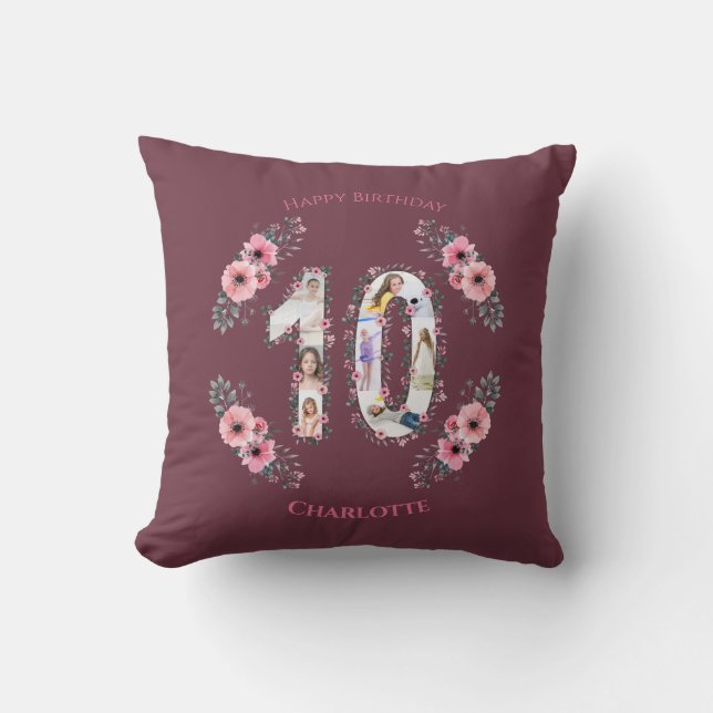 Coussin Gros 10e anniversaire fille photo Collage Fleur ro (Recto)