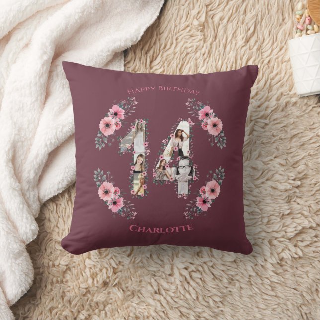 Coussin Gros 14e anniversaire fille rose Fleur Collage pho (Couverture)