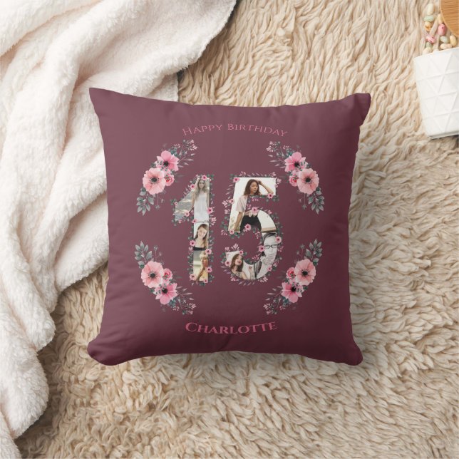 Coussin Gros 15e anniversaire fille rose Fleur Collage pho (Couverture)