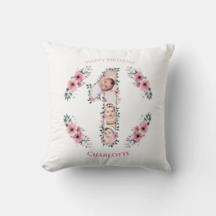 Coussin Gros 1er anniversaire fille photo Collage Fleur ro