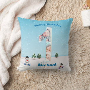 Coussin Gros 1er anniversaire hiver glace neige Collage ph