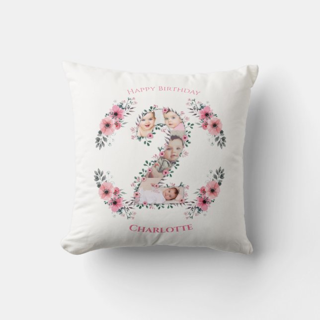 Coussin Gros 2e anniversaire fille photo Collage Fleur ros (Recto)