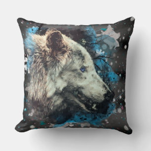 Coussin *~* Gros Loup Totem Bleu Polyester Abstrait Boho
