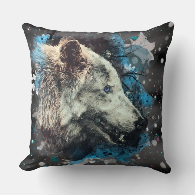 Coussin *~* Gros Loup Totem Bleu Polyester Abstrait Boho (Recto)
