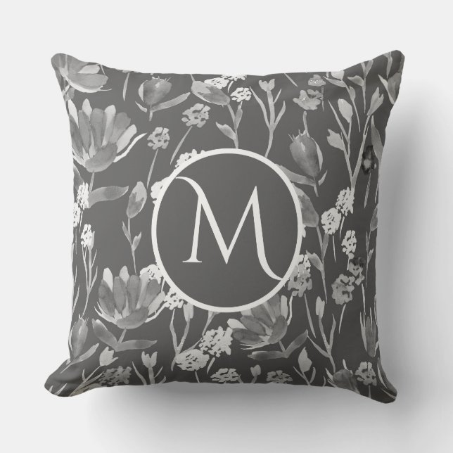 Coussin Gros Monogramme initial gris romantique Floral (Recto)