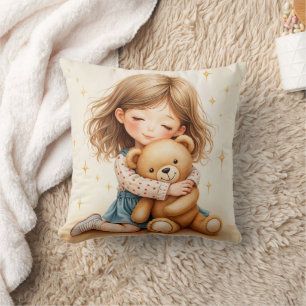 Coussin Grosses Câlins Fille Mignonne qui étreint un Ours