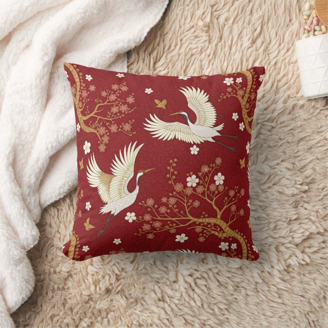 Coussin Grue couronné rouge motif Sakura (1) (Couverture)