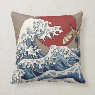 Coussin Grue et illustration de vague japonaise C traditio