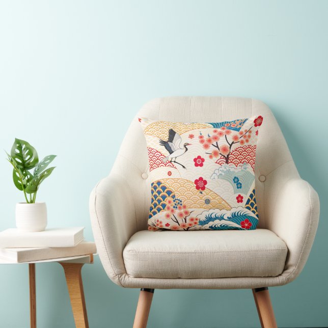 Coussin Grue japonaise et vagues de fleurs de cerisier (Chaise)