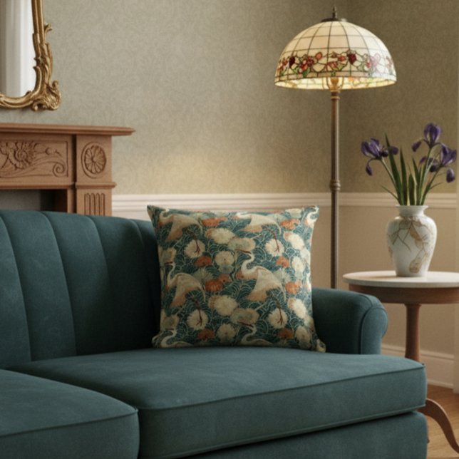 Coussin Grues Art Nouveau Vert (Créateur téléchargé)
