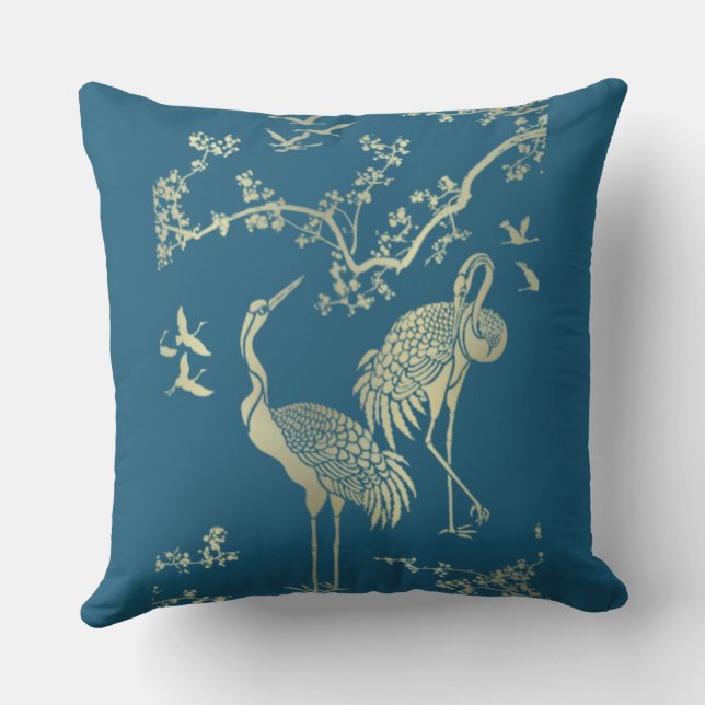 Coussin Grues d'or Art, arrière - plan bleu (Verso)