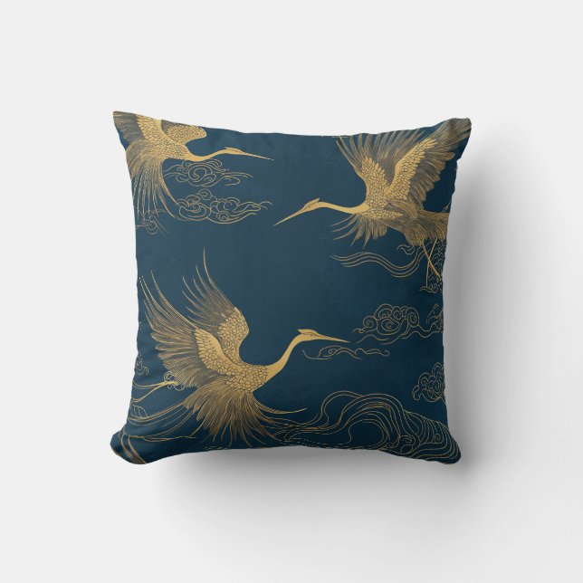 Coussin Grues d'or en bleu nuit (Recto)